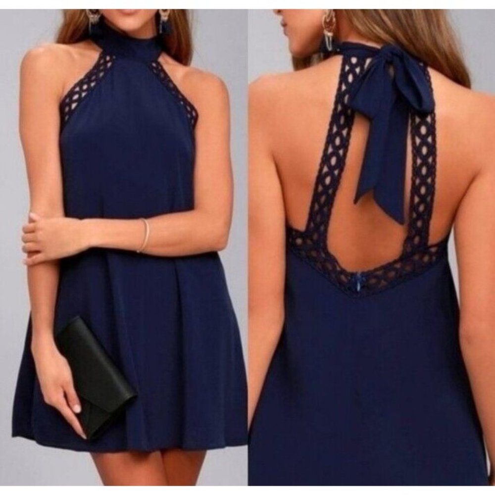 Lulus Dress Womens S Any Sway Shape Or Form Crochet‎ Lace Halter Dress Blue Flaw